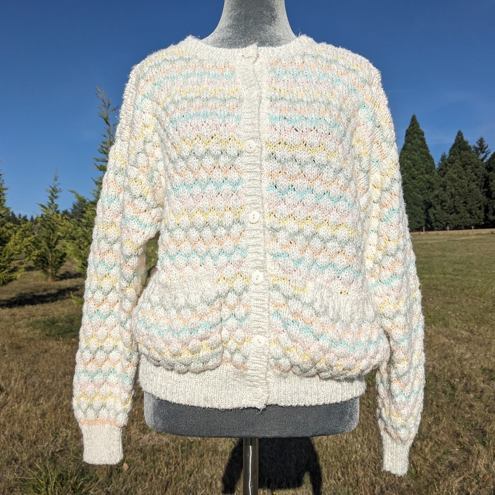 Vintage 80s Pastel Rainbow Open Knit Cardigan Sweater M Cottagecore Grandmacore